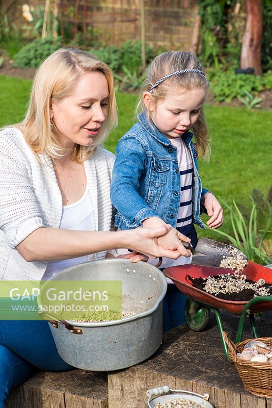 Child planting toy wheelbarrow with succulents. Add grit to improve drainage.