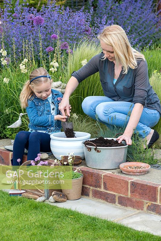 Planting a seaside container step by step: Step 2: Fill container with potting compost.
