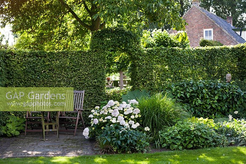 Secluded relaxing area with small paved patio and sitting seats. Archway through hornbeam hedging.