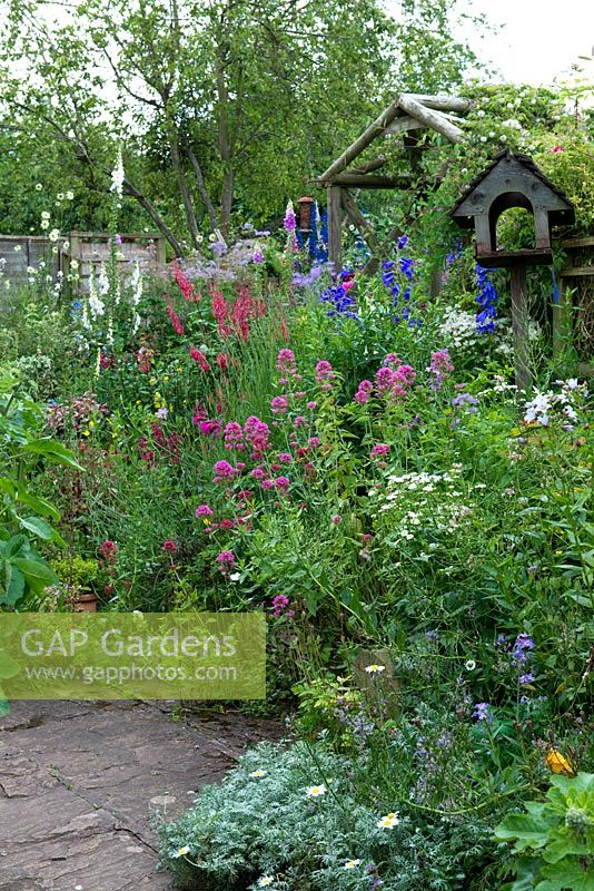 A cottage garden with rustic wooden bird box and informal border planted with valerian, prairie mallow, feverfew, lavender, campanula and foxglove.