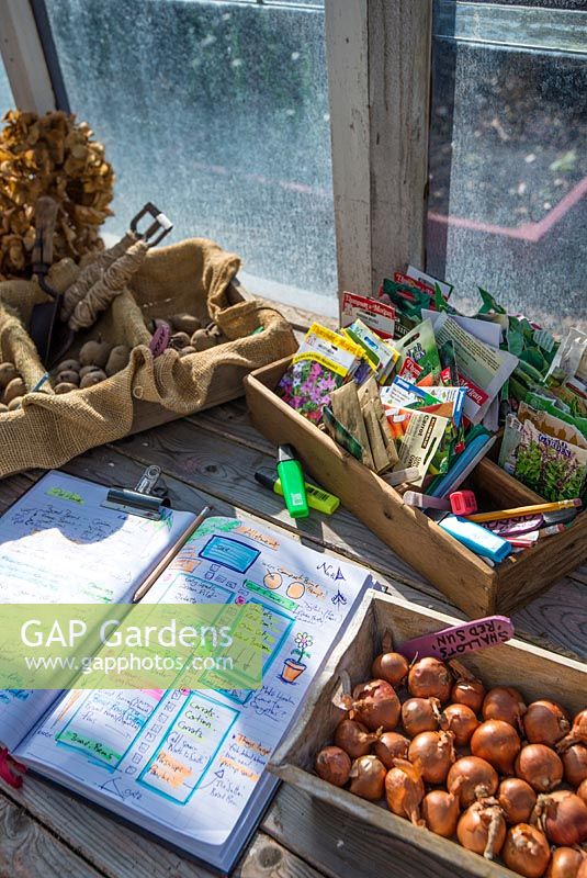 Garden planner with handwritten highlighted diagrams and notes for the growing season.