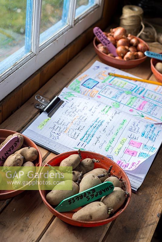 Garden planner with handwritten highlighted diagrams and notes for the growing season.