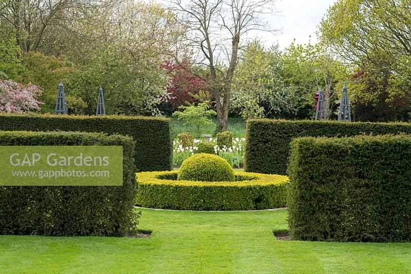 A formal garden room with circular box topiary and ball surrounded by yew hedges.