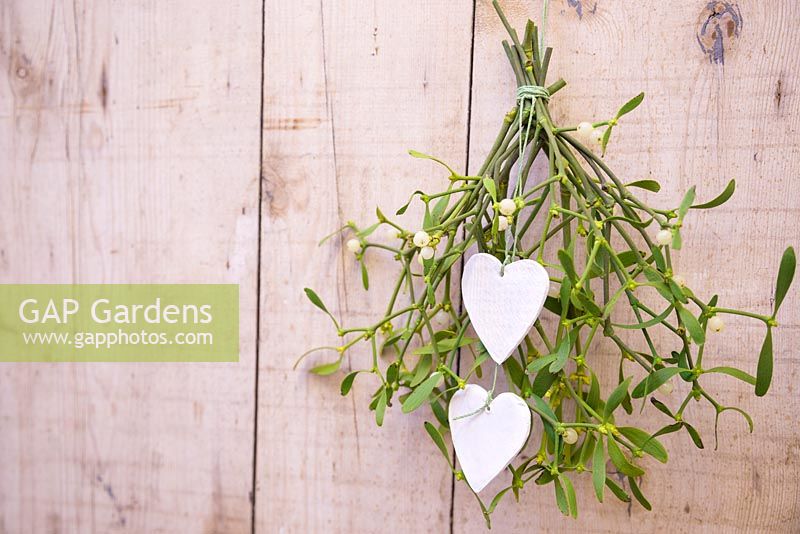 A bunch of mistletoe hanging on a door, with Clay hearts featuring textured imprints