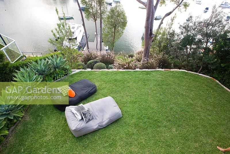 Top view of outdoor sofas on lawn area with views to the water through Angophora costata Sydney red gum trees. Agave attenuata and Pennisetum setaceum rubrum Purple Fountain Grass seen