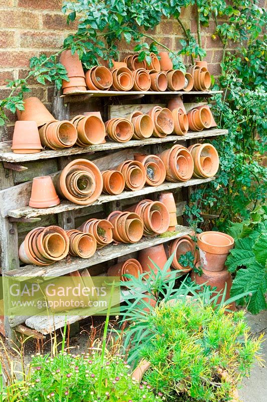 Terracotta pots of different sizes stored neatly on a set of shelves outside. 