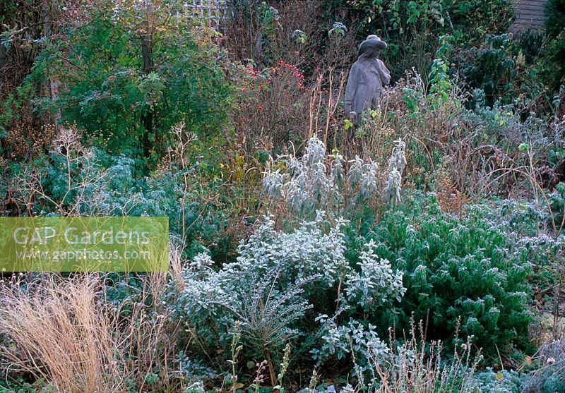 Mixed deep border with ornamental stone statue in the frost. 