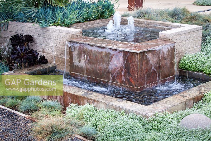 Modern water feature. Debora Carl's garden, Encinitas, California, USA. August.