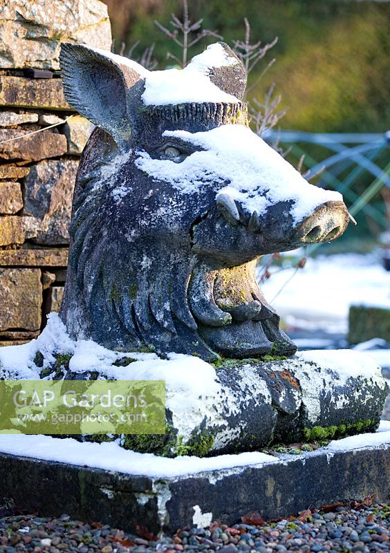 Boars Head statue, Levens Hall and Garden, Cumbria, UK. 