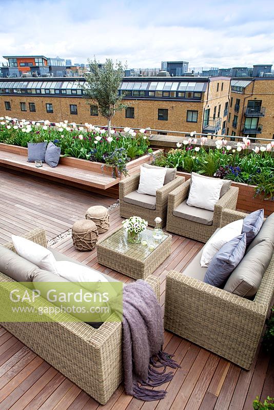 Outside seating area on a London roof terrace with glass top table with a vase of white anemones.  April. 