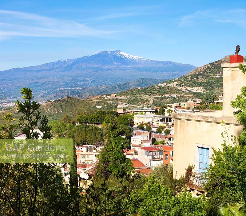 View to Mount Etna from one of the upper terraces, Kitsons house to the right