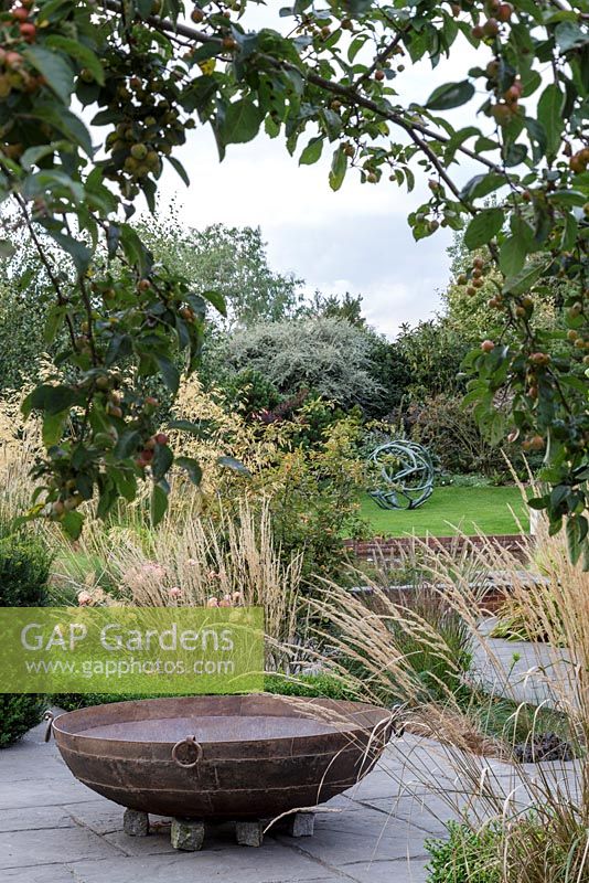 Grasses growing in autumnal garden with large metal fire-pit