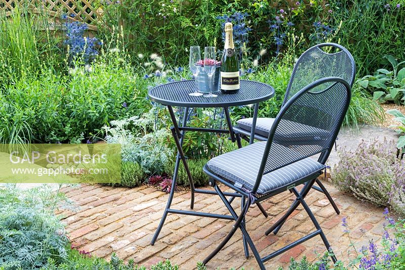 The Drought Garden, Detail of metal table and chair with champagne bottle and glasses in front of an aeonium in a metal flowerpot. Behind it is drought resistant planting including aeoniums, Artemisia 'Powis Castle', Verbena bonariensis and Eryngium 'Jos Eijking'. RHS Hampton Court Flower Show in 2016 