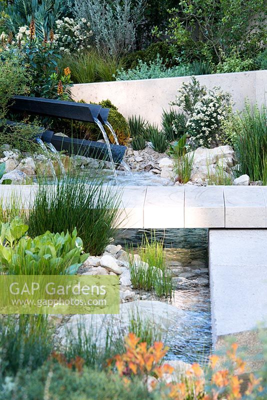 The Telegraph Garden, view of a water feature and limestone path over the stream with marginal plants including Juncus effusus. RHS Chelsea Flower Show 2016. Designer: Andy Sturgeon - Sponsor: The Telegraph