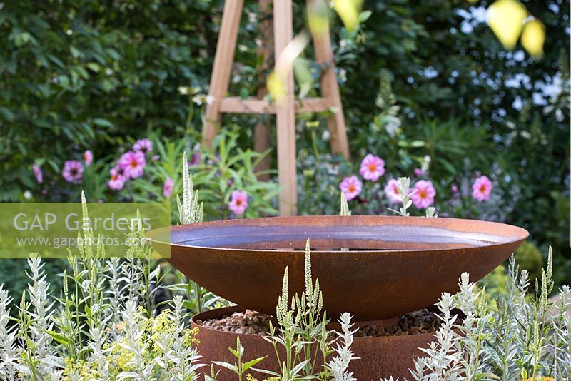 Rust effect water bowl - CCLA: A Summer Retreat, RHS Hampton Court Palace Flower Show 2016