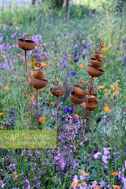RHS Greening Grey Britain Garden. Bird feeders in wild flowers garden. Designer: Ann-Marie Powell, Sponsors: RHS Chelsea Flower Show 2016