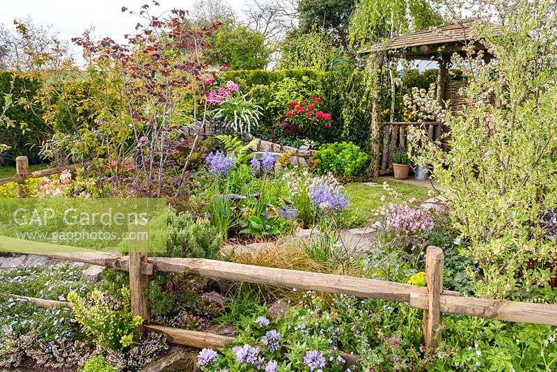 Mixed planting with Camassia esculenta 'Quamash', Corylus, Erica carnea and Lychnis flos cuculi 'Terry's Pink'. The Water Spout Garden, RHS Malvern Spring Festival 2016. Best Festival Garden. Silver Gilt. Design: Christian Dowle