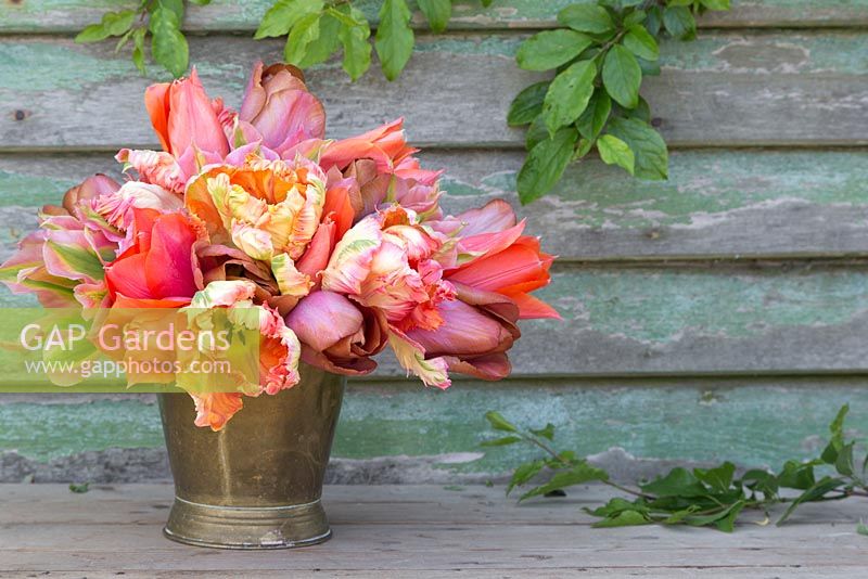Bunch of Tulipa 'Malaika', 'Temple of Beauty', 'Floriosa' and 'Apricot Parrot' in a brass bucket