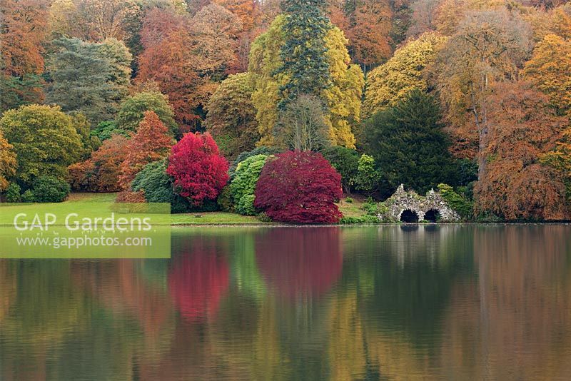 Stourhead Gardens, Wiltshire, UK - Autumn trees and Lake
