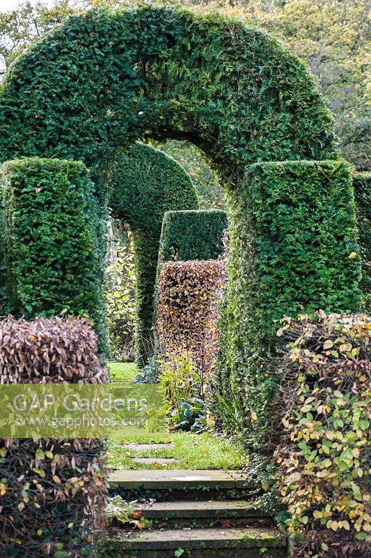Hedges of yew and hornbeam frame a path through the garden.