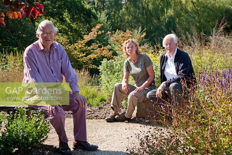 Former owner and founder of Pensthorpe, Bill Makins with garden designer Piet Oudolf and head gardener Imogen Checketts in the newly redesigned Millennium Garden at Pensthorpe
