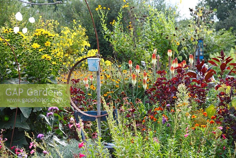 The five senses garden planting includes Rudbeckias, Echinaces, Kniphofia caulescens and Perilla frutescens purpurea, with sculptures created with found objects dotted around.