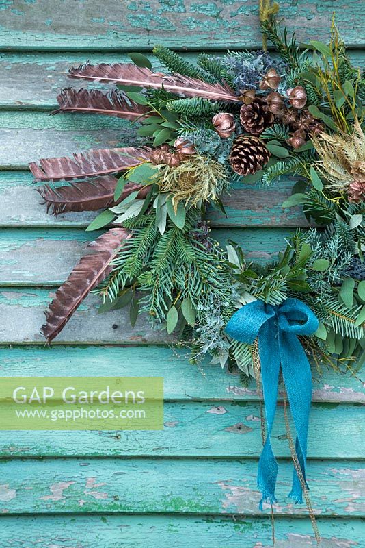 A festive Christmas wreath made with Eucalyptus, Pine cones, Pine foliage and Pheasant feathers