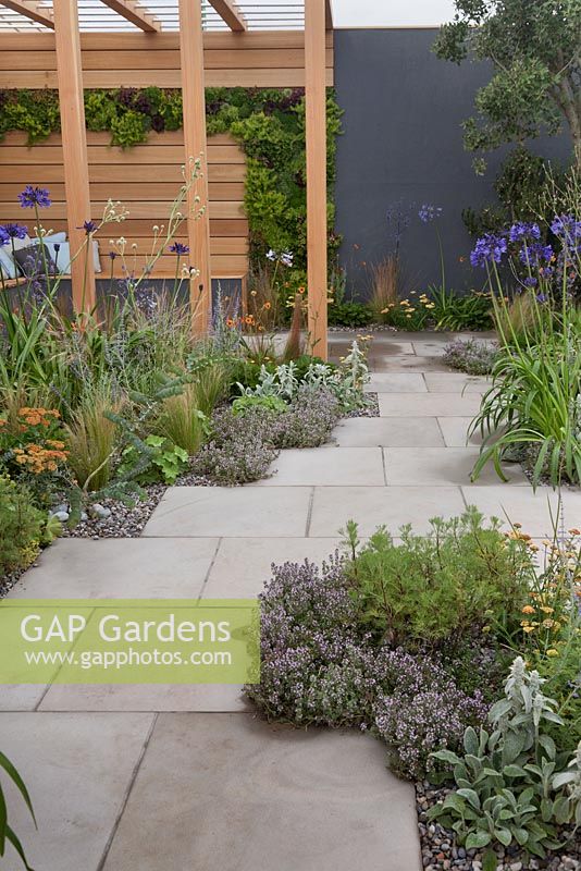 A covered wooden arbour seating area with inset succulents in patio garden amongst drought tolerant perennial planting - Coastal Retreat at RHS Tatton Park Flower Show 2016