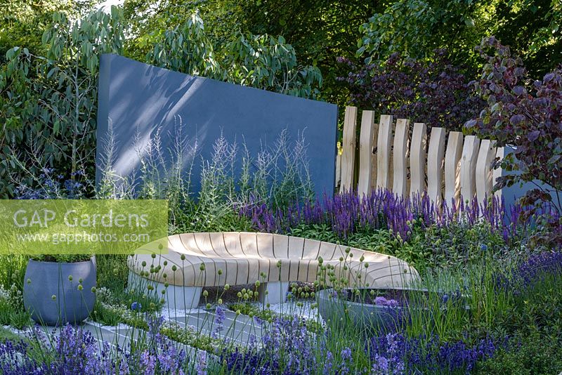Gravel and stone patio with curved bleached oak wooden bench and fence, grey rendered wall, concrete containers and small pond. Planting includes Thyme and Rosemary, Salvia officinalis 'Purpurascens', Salvia tanzerin, Perovskia atriplicifolia 'Blue Spire'.  Living Landscapes: Healing Urban Garden, RHS Hampton Court Palace Flower Show 2015. Designer Rae Wilkinson