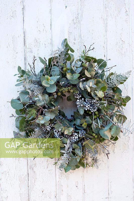 Christmas wreath with eucalyptus, juniper berries and sprayed white fern leaves, ivy berries and twigs