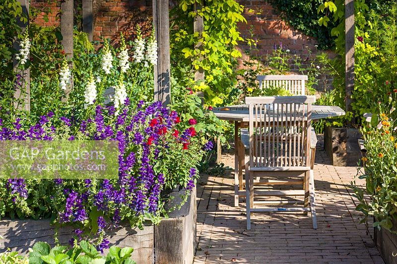 Wooden garden furniture and raised beds in an area of a modern Cheshire country garden set aside for growing fruit, vegetables and cut flowers. It was designed by Louise Harrison-Holland. Plants include Salvia viridis and Antirrhinums.
