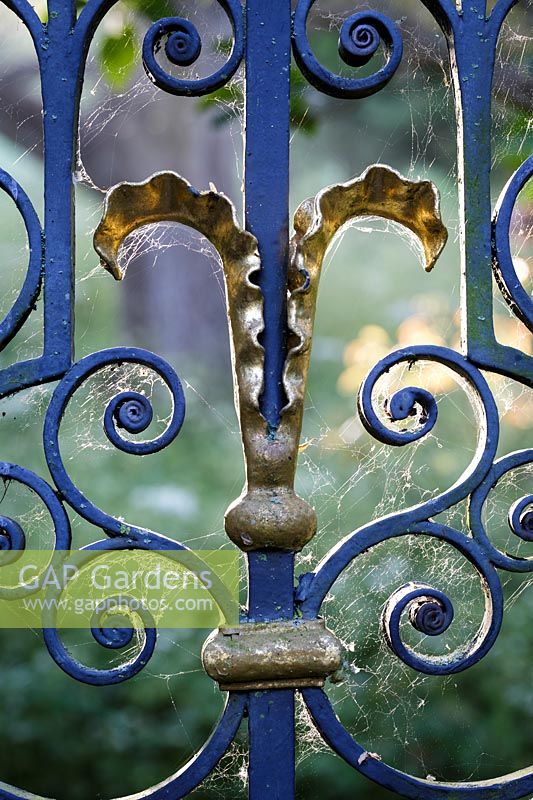 Hanham Court Gardens, Bristol. Cobwebs on ornate metal gates