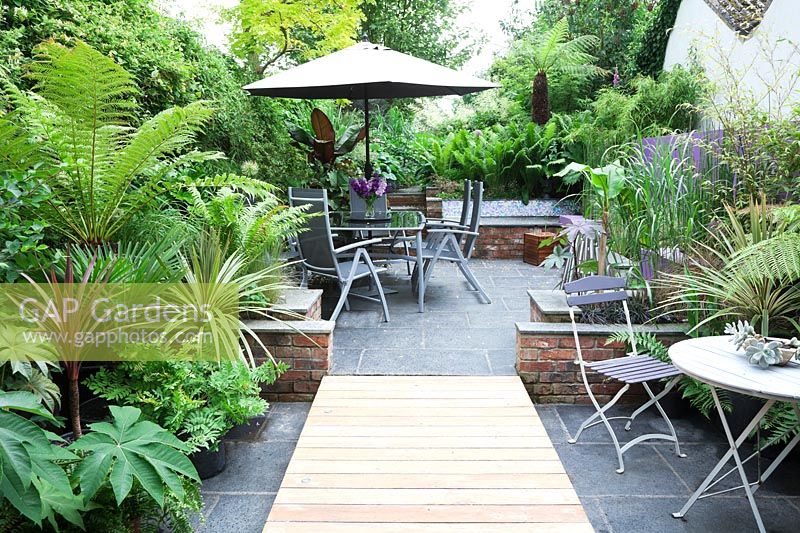 Small modern urban garden full of exotics with decking walkway over slate paving. Metal tables and chairs with a border of Tetrapanax papyrifer, syn. Aralia papyrifer, Dracaena marginata 'Tricolor Rainbow', Dicksonia antarctica, Trachycarpus fortunei, Ferns, Bamboo, Cordyline australis and Ensete ventricosum 'Maurelii'.

