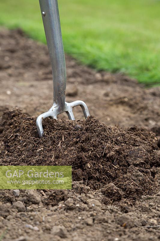 Manure on soil with fork