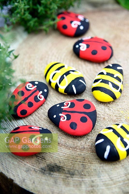 Garden craft making painted Bumble bees and Ladybirds with stones. Finished Ladybirds and Bumble bees