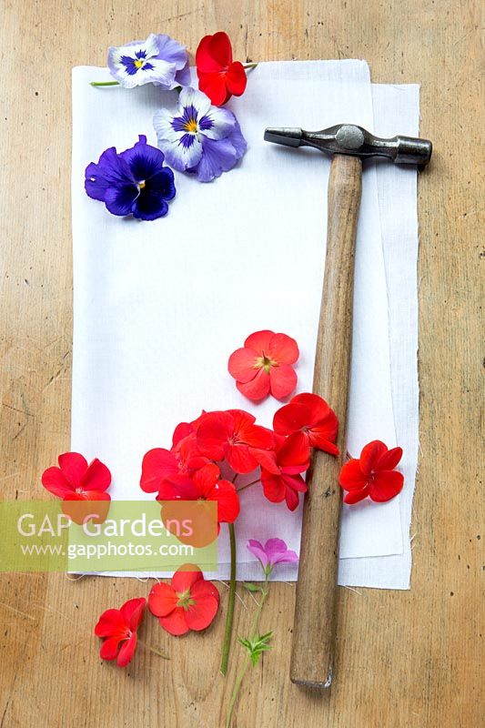 Printing onto fabric with fresh flowers. Materials needed - fabric, flowers and a hammer.