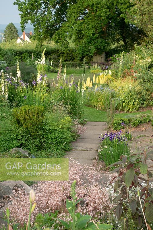 The gravel path leads past the summer Lupins border to the crochet lawn.