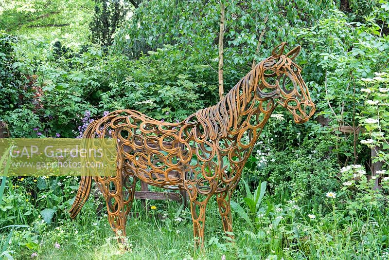 Heather Edwards, Horse sculpture by Tom Hill, made from old rusty horsehoes, The World Horse Welfare Garden, RHS Chelsea Flower Show 2017