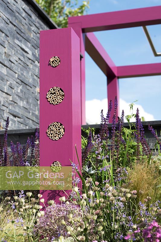 Summer flower border with purple modern insect hotel surrounded by Astrantia 'Roma', Nepeta, Salvia nemorosa 'Caradonna', Eryngium x zabelii 'Jos Eijking', Stipa tenuissima by black slate stone wall. Contemporary Bee and Butterfly Garden, BBC Gardeners World Live Flower Show 2017