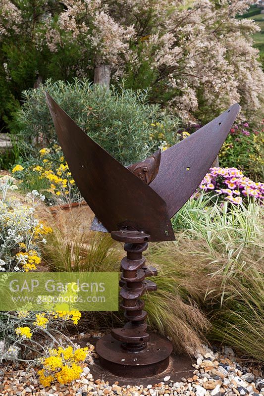 Old propellor decoration in Seaside themed front garden planted with coastal plants  including Cineraria 'Silver Dust',  Stipa tenuissima, Erigeron 'Pink Jewel'.  Tamarisk tetandra flowering behind.