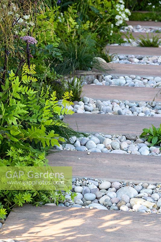 Green foliage planting along white gravel and natural stone path - BBC Gardener's World Live, Birmingham 2017 - Big Fish Landscapes Garden -Designer: Cherry Carmen, Cherry Carmen Garden Design -Gold