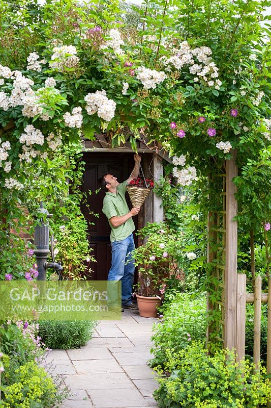 Putting up a hanging basket of Begonias by a front door