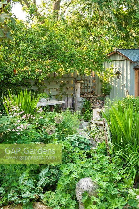 Small town garden in spring with ornamental garden shed. May