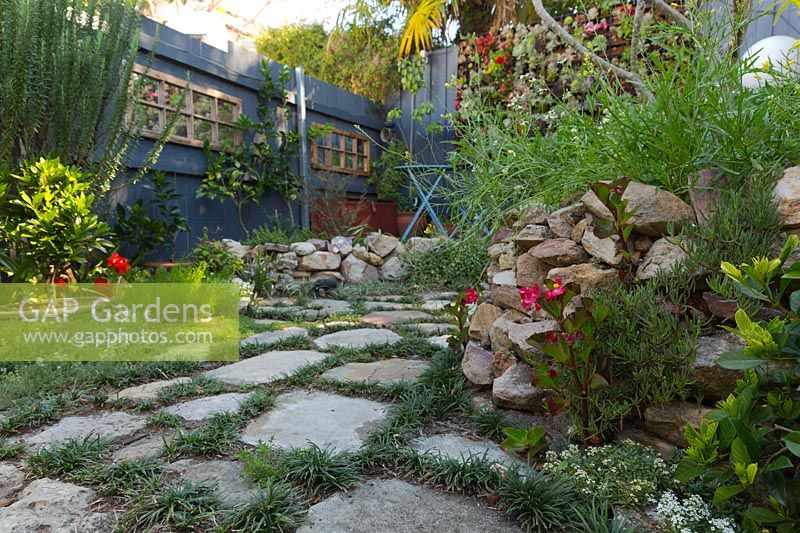 Inner city courtyard garden with sandstone paving, mondo grass, framed mirrors and various plantings