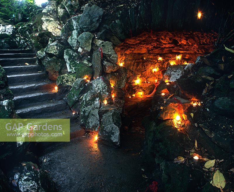 Grotto with lighting at the Lost Gardens of Heligan, Cornwall