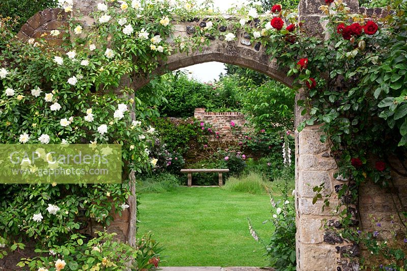 Stone and flint archway covered with Rosa 'Alberic Barbier' and Rosa  'Dublin Bay'. Rosa 'Madame Isaac Pereire' beyond arch on wall above stone bench.