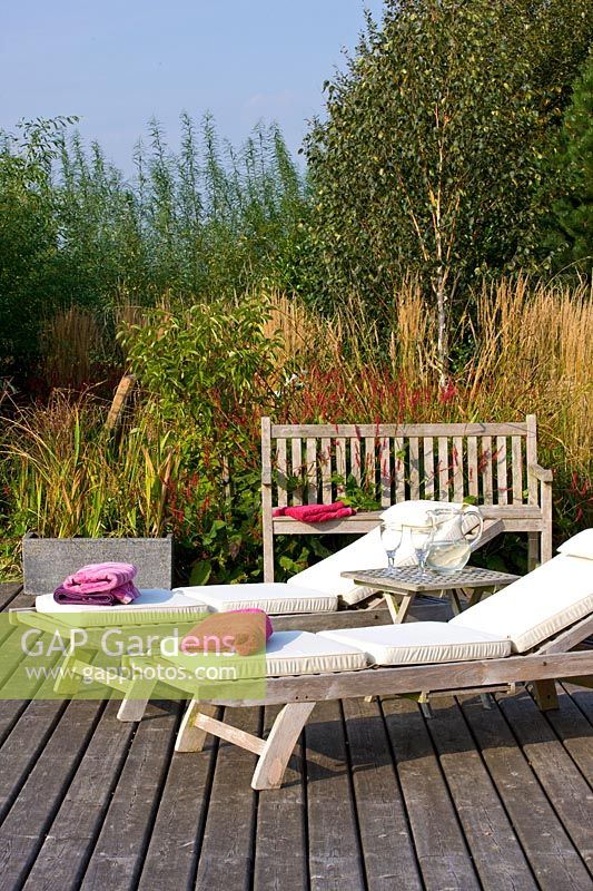 Decking with sun loungers, wooden bench planting scheme offers privacy