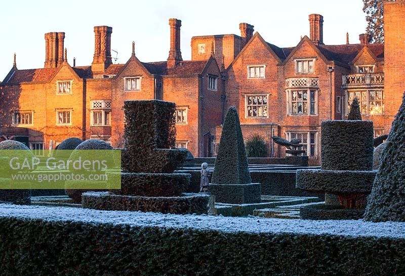 Formal topiary garden on frosty day winter with historic house in background
