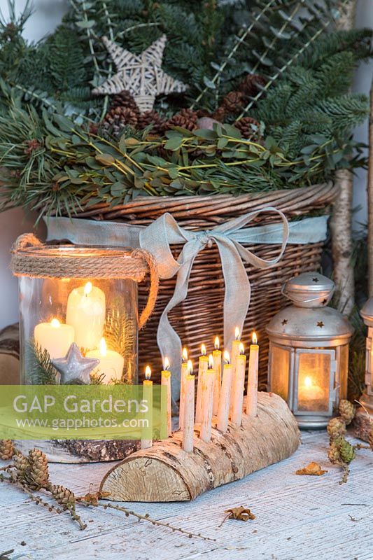 Festive scene featuring Birch wood candle holder
