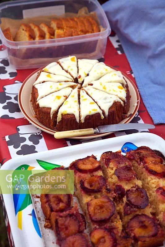 Plum and Ginger cake  - foreground -  with Carrot cake behind - prepared for National Gardens Scheme open days